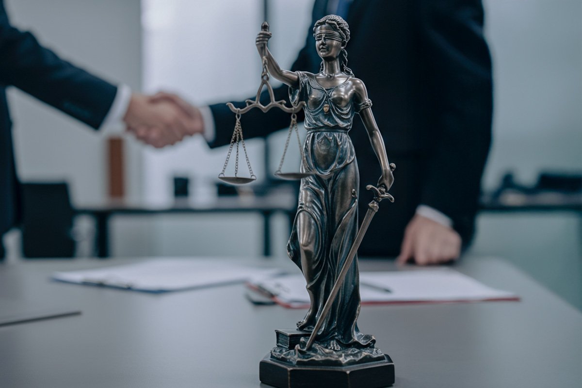 Estátua da justiça simbolizando a segurança jurídica inegociável da Precafast.