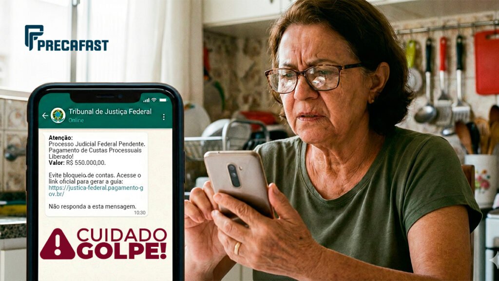 Senhora idosa com expressão de preocupação olhando para um celular que exibe uma mensagem falsa de golpe do precatório no WhatsApp. A tela mostra um alerta vermelho gigante "CUIDADO GOLPE!" e a logo da PrecaFast no canto.