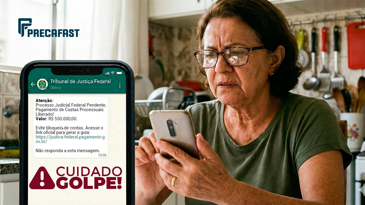 Senhora idosa com expressão de preocupação olhando para um celular que exibe uma mensagem falsa de golpe do precatório no WhatsApp. A tela mostra um alerta vermelho gigante "CUIDADO GOLPE!" e a logo da PrecaFast no canto.