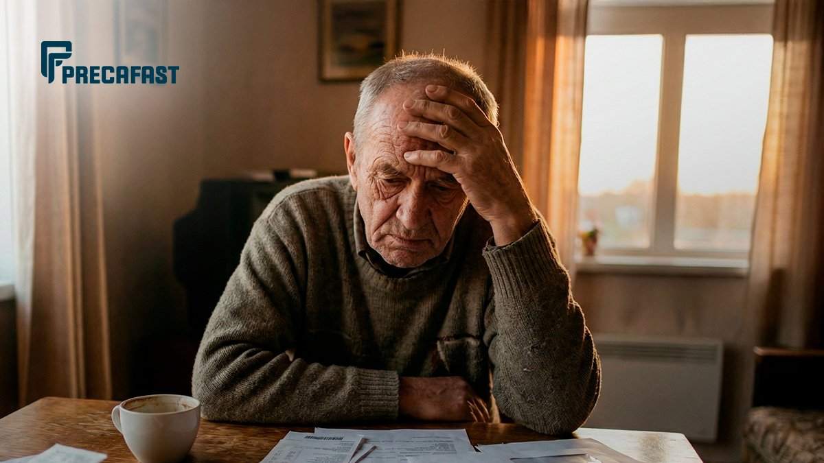 Idoso aposentado sentado à mesa com expressão de preocupação e cansaço analisando contas e documentos financeiros, ilustrando os riscos da espera por precatórios.