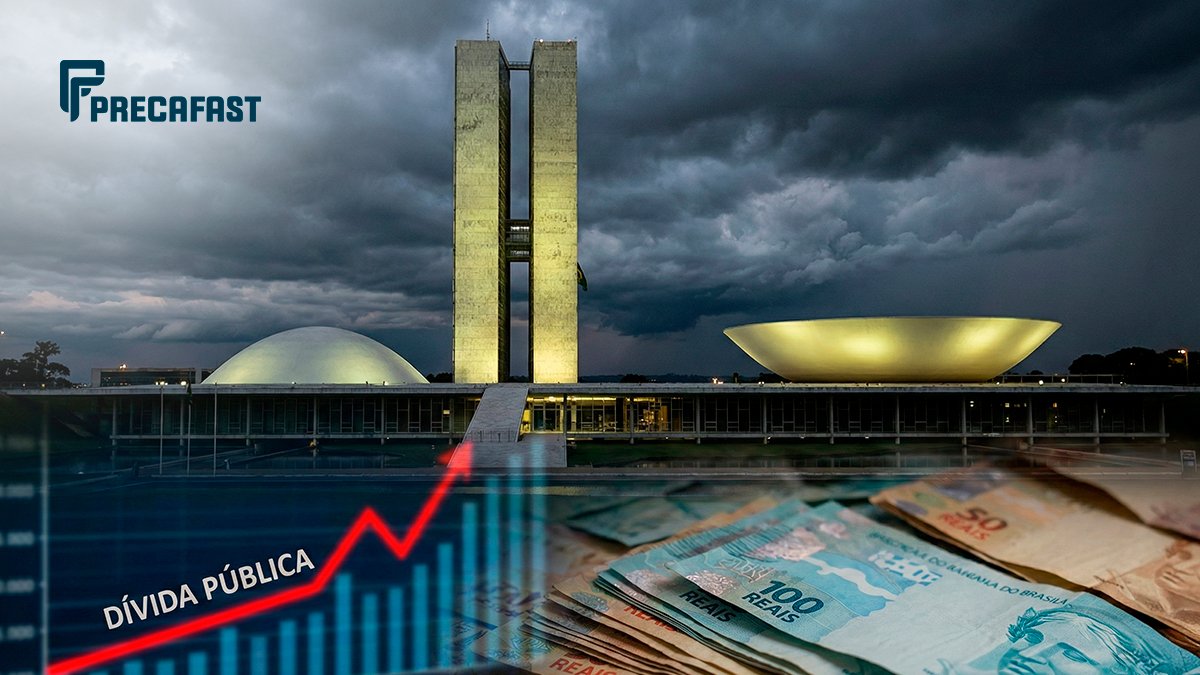 Gráfico vermelho em alta indicando recorde da Dívida Pública sobreposto ao Congresso Nacional em tempestade, ilustrando o risco de não pagamento de precatórios.