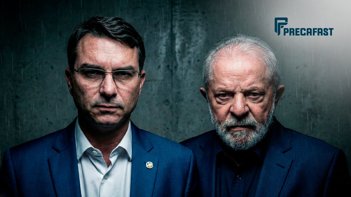 Ilustração editorial retratando figuras de autoridade política com semblantes severos sob chuva, simbolizando o cenário das Eleições 2026 e a crise dos precatórios.